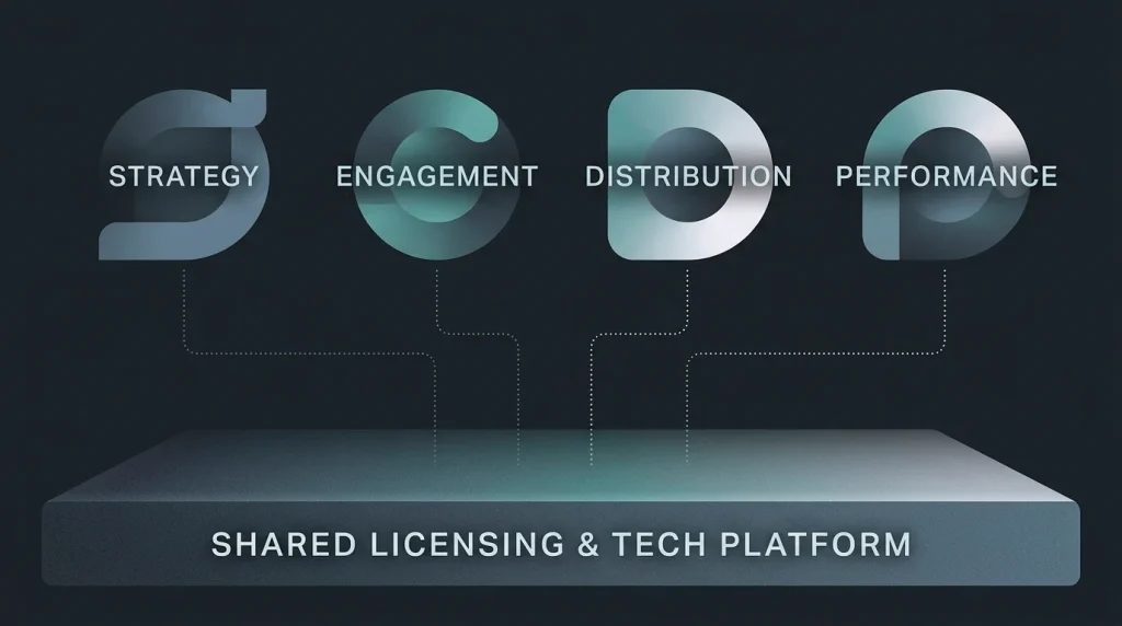 Editorial network composition showing several distinct brand nodes all sharing a common underlying technology base.