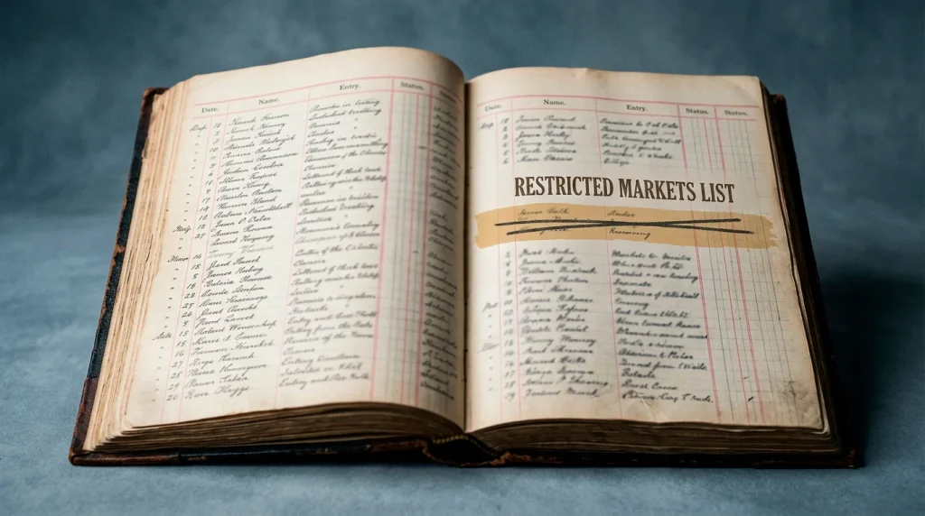 Editorial composition showing a stylised restricted-markets ledger with a UK flag-colour stripe partly obscured.