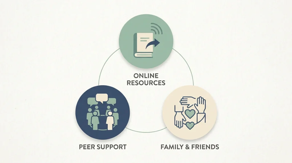Editorial illustration of three connected circular nodes labelled with abstract icons representing online resources, peer meetings and family support
