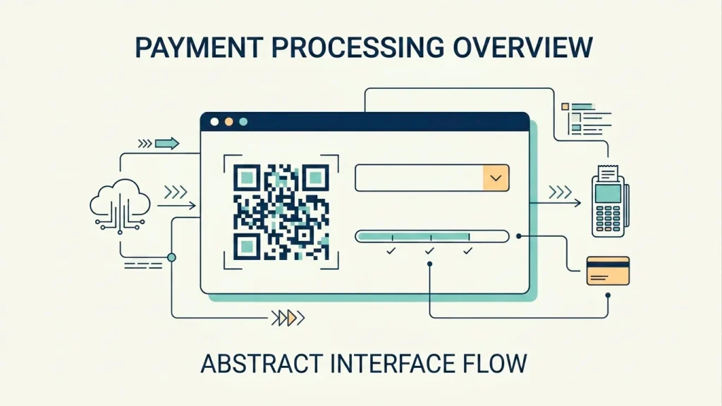 Schematic showing a wallet address QR code, an asset network selector and a confirmation progress indicator on a cashier interface