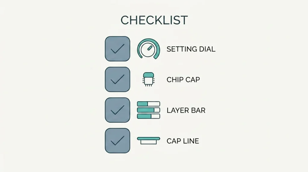 Editorial checklist illustration showing four ticked boxes labelled with abstract icons for wagering max bet weighting and cashout cap
