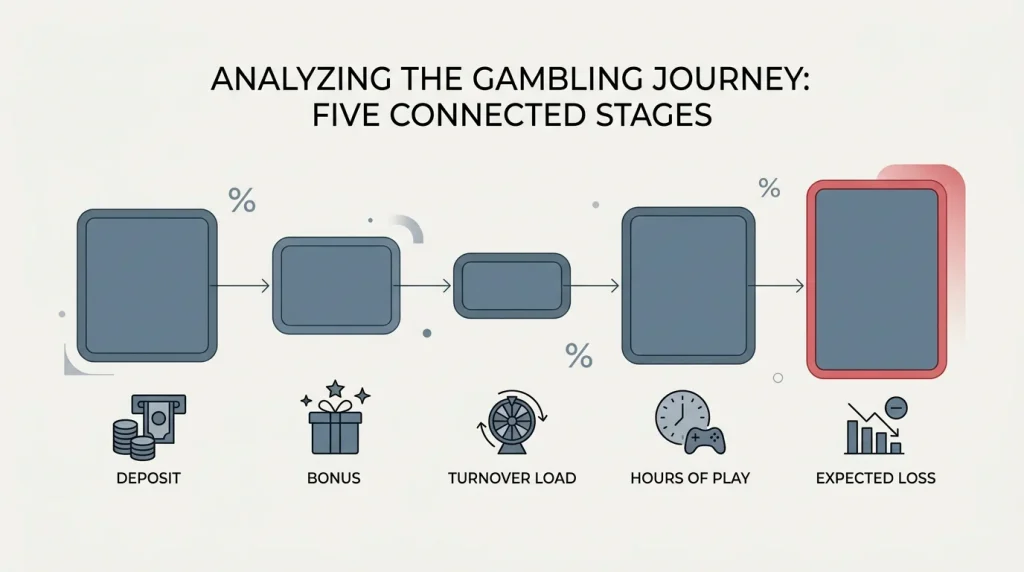Worked example diagram showing deposit bonus match wagering turnover hours and expected loss as a stacked horizontal flow