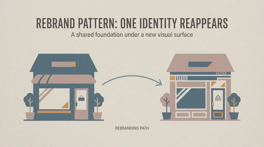 Editorial visual showing two stylised storefront silhouettes connected by an arrow, suggesting a rebrand pattern where a delisted brand reappears under a new identity with the same underlying structure.