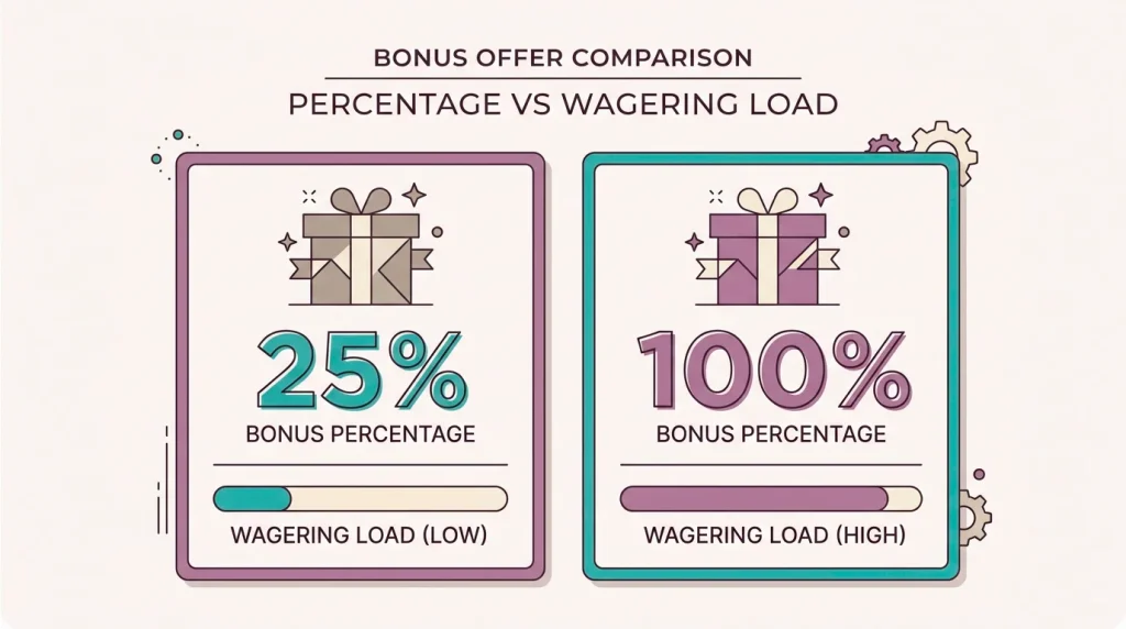 Side-by-side comparison panels of a fiat welcome bonus card and a crypto welcome bonus card with stylised percentage and wagering glyphs