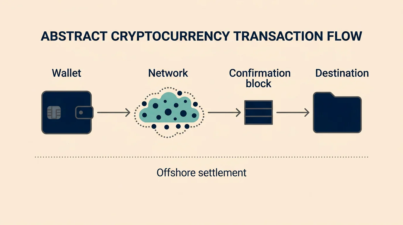 Schematic depiction of a cryptocurrency deposit flow at a non-GamStop casino, showing wallet, network confirmation, and operator credit steps without endorsement