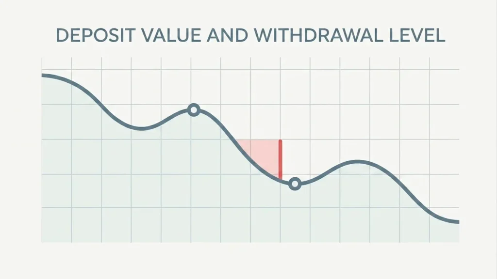 Stylised price chart fragment with a downward sloped line and overlay markers showing deposit moment and withdrawal moment