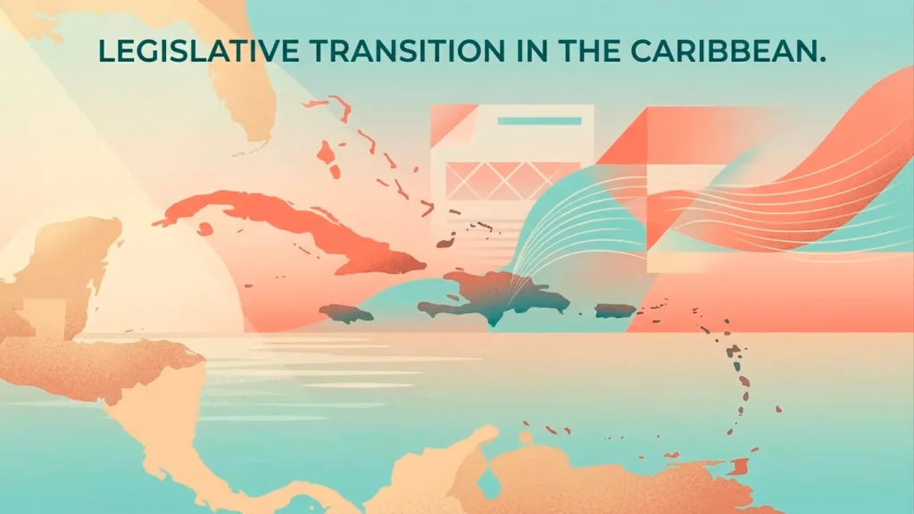 Editorial map graphic of Curaçao with abstract regulatory markers indicating the LOK 2024 framework transition.