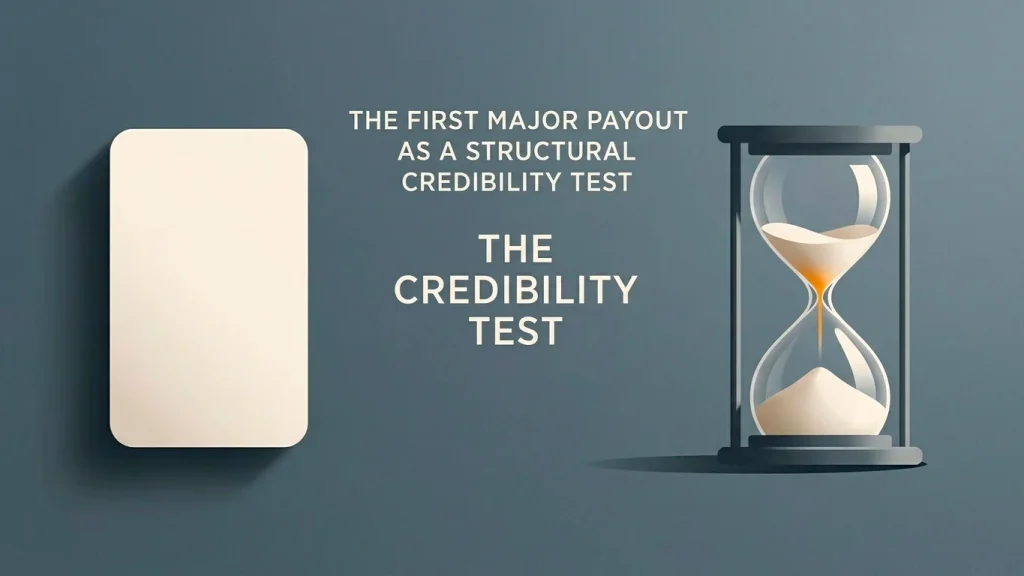 Editorial composition showing a stylised withdrawal slip and an hourglass on a slate background suggesting the first major payout as a credibility test.