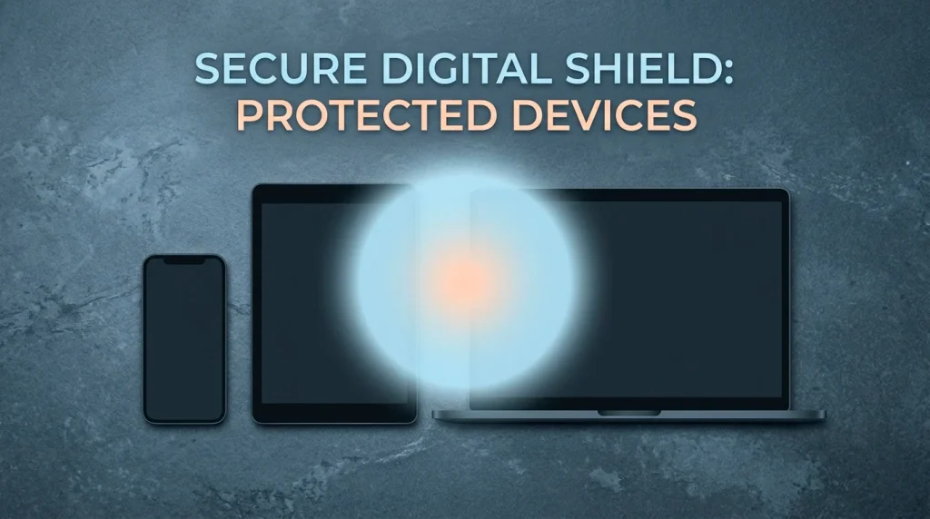 Editorial composition of three device silhouettes on a slate surface with a soft protective software-layer highlight.