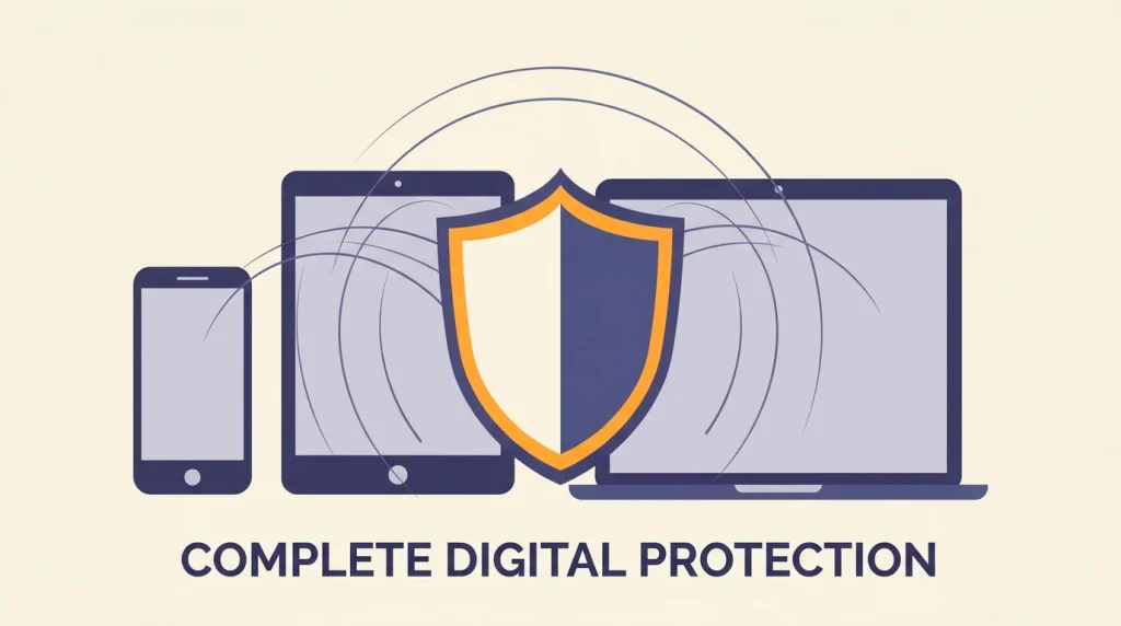Editorial illustration showing a stylised shield icon overlaid on a row of generic device silhouettes including phone tablet and laptop