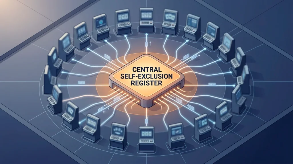 Schematic illustration of a UK self-exclusion register linking multiple licensed online operators.