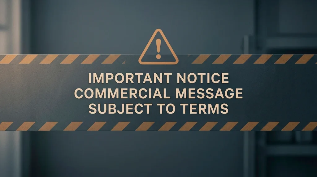 Editorial composition showing a stylised warning symbol overlaying a generic advertising banner shape to indicate misleading service offers.