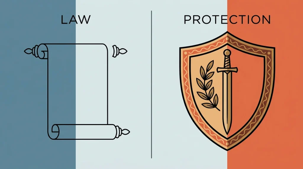 Conceptual editorial split-panel composition contrasting a legal-statute shape with a consumer-protection shield.