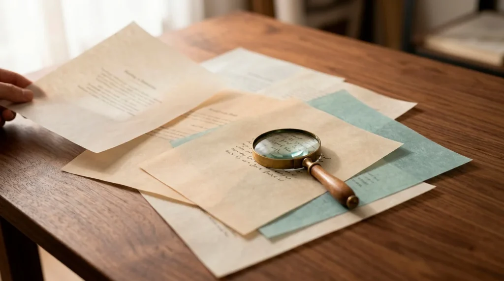 Editorial still life of layered translucent documents with a small magnifying glass suggesting verification of sources.