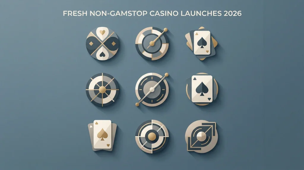 Editorial composition representing fresh non-GamStop casino launches in 2026 with several stylised brand emblems on a neutral surface.
