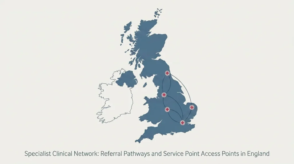 Editorial map-style illustration showing five regional NHS service points connected by thin lines across a stylised UK outline