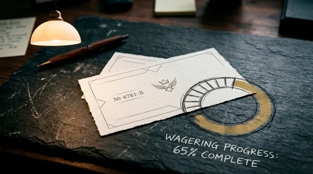 Editorial illustration of a stylised bonus voucher with a wagering progress dial overlaid, suggesting the gap between headline value and effective value