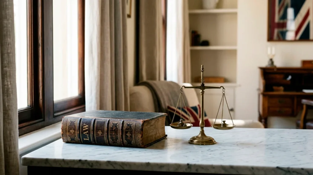 Editorial composition representing the UK legal framework around non-GamStop gambling, with a stylised statute book and a balance scale.