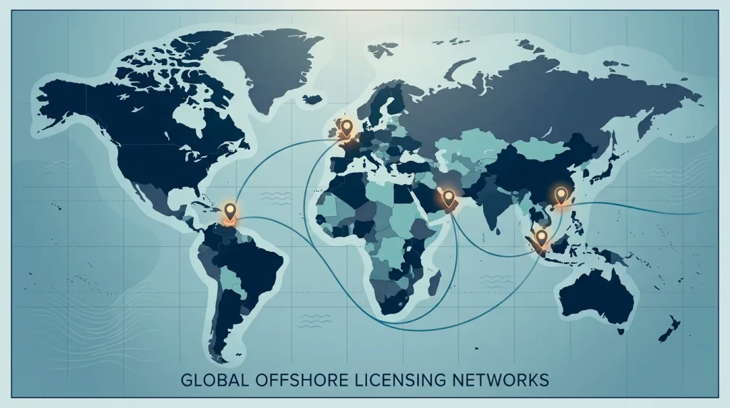 Conceptual editorial map composition showing several offshore licensing jurisdictions linked by abstract data lines.