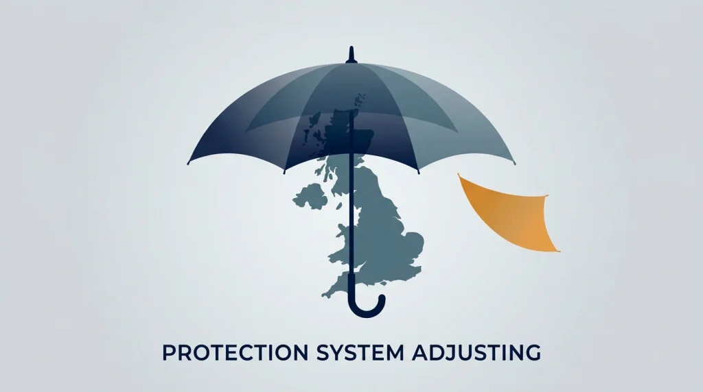 Editorial illustration of a layered protective umbrella over a stylised UK silhouette, with one panel of the umbrella detached and floating outside the boundary
