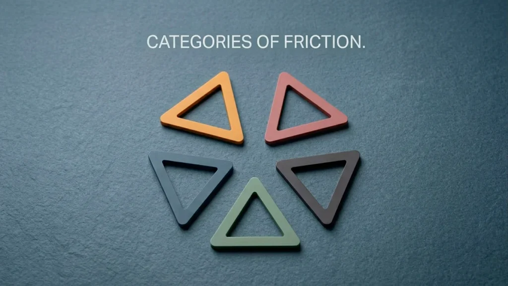 Editorial composition of five abstract caution markers arranged in a soft circular pattern representing common dispute categories.