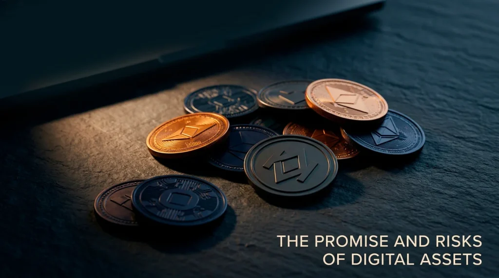 Stylised composition of generic cryptocurrency tokens on a dark backdrop with subtle blockchain motifs, evoking offshore casino payments
