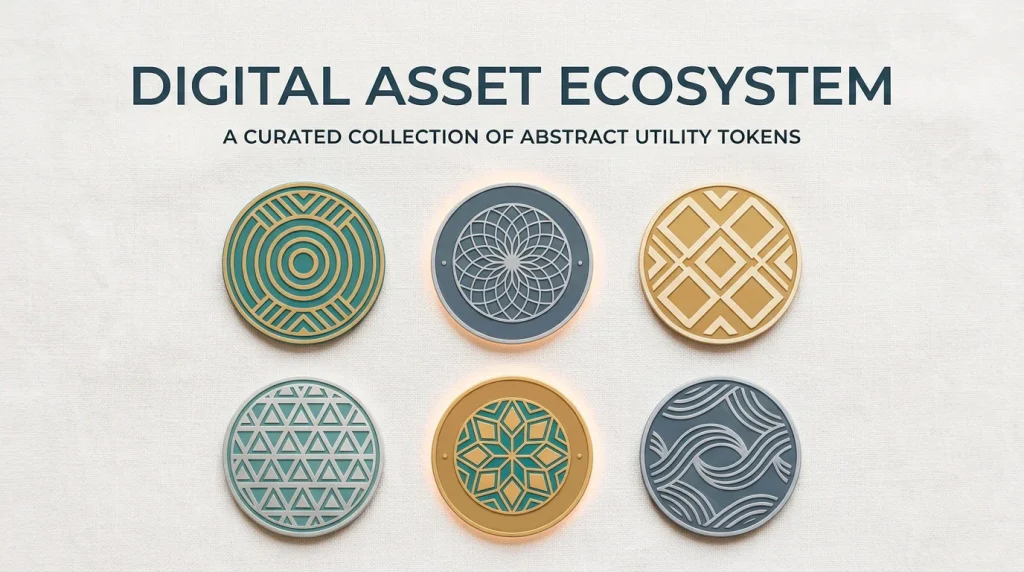 Editorial composition of generic abstract cryptocurrency tokens arranged in a grid with stablecoin symbols highlighted