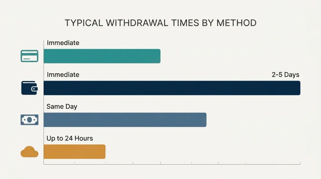 Horizontal timeline graphic comparing approval and settlement times for cards, e-wallets, bank transfer and Open Banking withdrawals