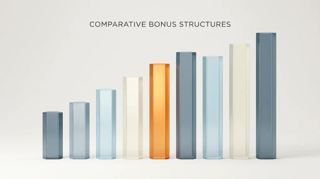 Editorial visual of stacked translucent bars suggesting variable bonus and wagering trade-offs across multiple operators.