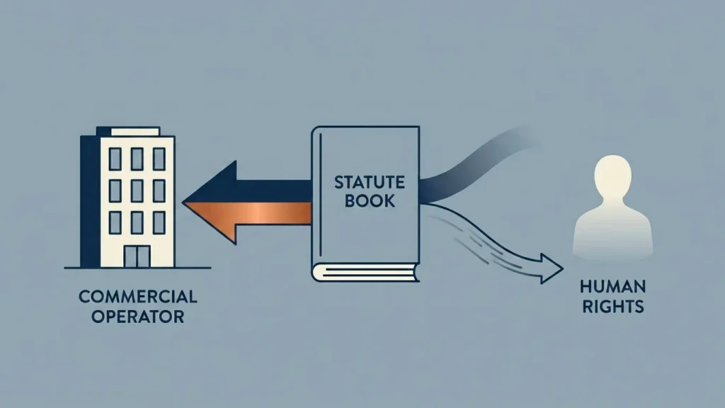 Illustrative editorial visual representing primary legislation and a divided arrow showing operator versus player legal exposure.