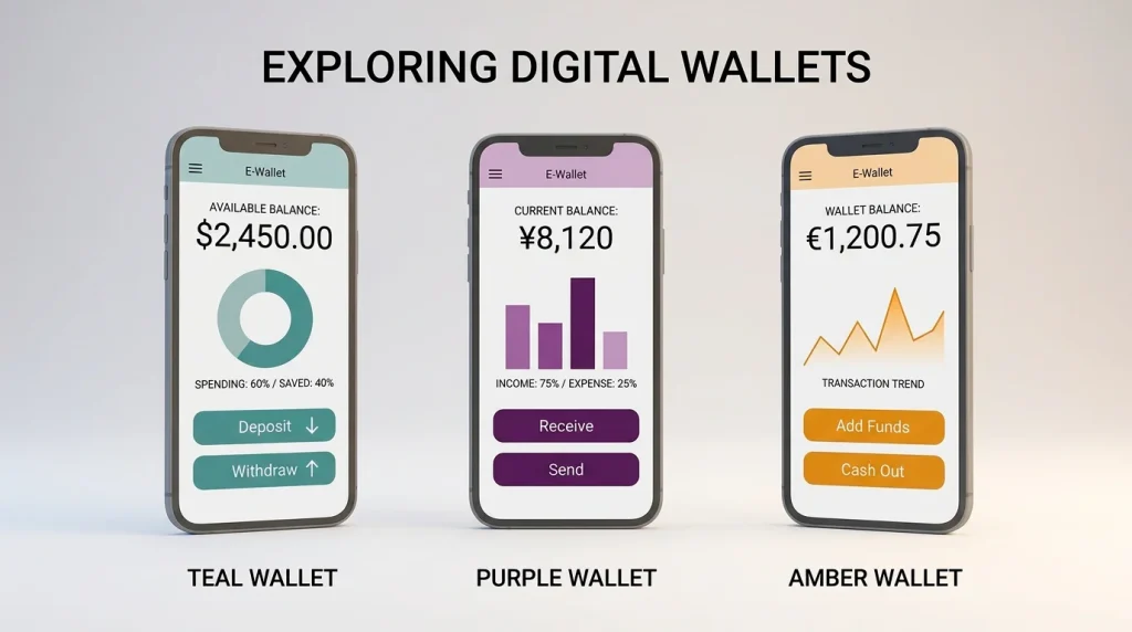Three e-wallet smartphone interfaces displayed side by side showing balance, deposit and withdrawal screens