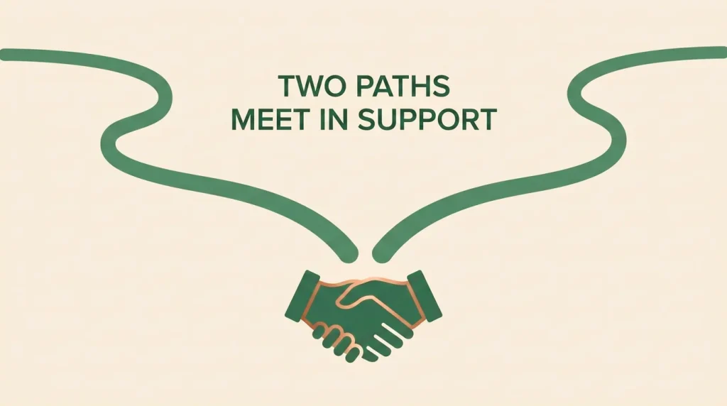 Editorial flat vector illustration of two parallel pathways flowing into a central handshake icon, representing free regulated debt advice routes