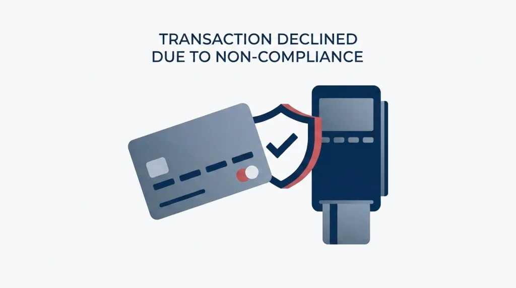 Conceptual illustration of a credit card being declined at a payment terminal labelled with a UKGC compliance marker