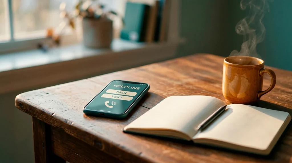 Editorial photograph of a softly lit desk with a smartphone displaying a generic helpline screen alongside a notebook and a warm mug, suggesting calm support