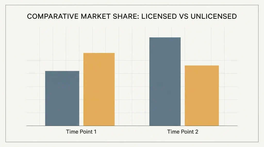 Bar comparison illustration showing licensed versus unlicensed share of UK online gambling stakes across 2019 to 2025