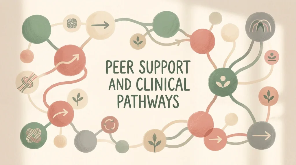 Editorial composition representing a network of UK support resources including helpline, clinic and peer-support nodes.