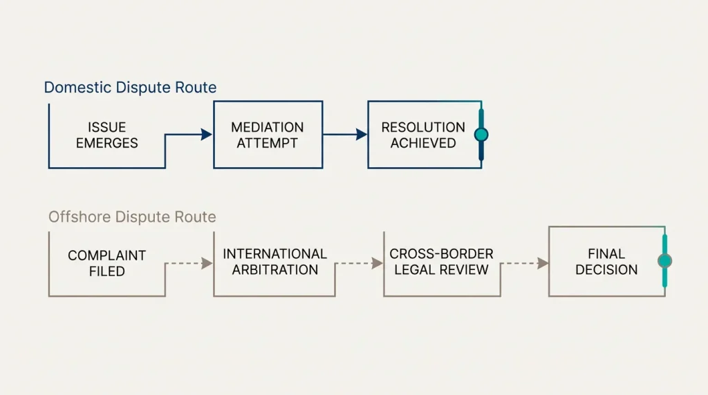 Pathway diagram contrasting UKGC ADR escalation routes against an offshore regulator escalation route