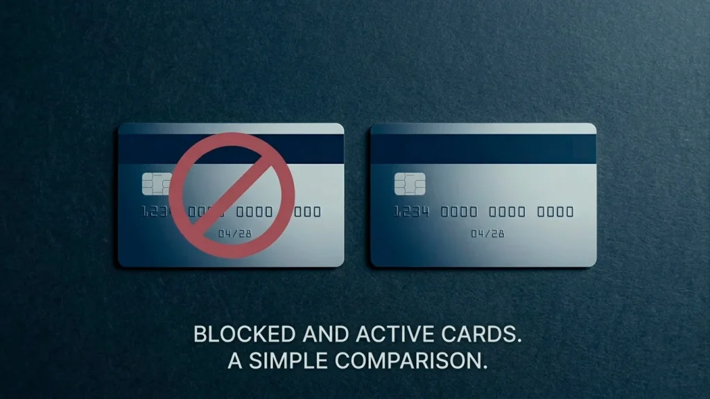 Editorial composition of two payment cards on a slate surface with a soft prohibition mark over one of them.