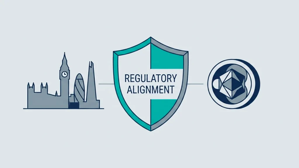 Conceptual editorial illustration of a regulatory shield positioned between a stylised UK skyline and an abstract cryptocurrency token icon