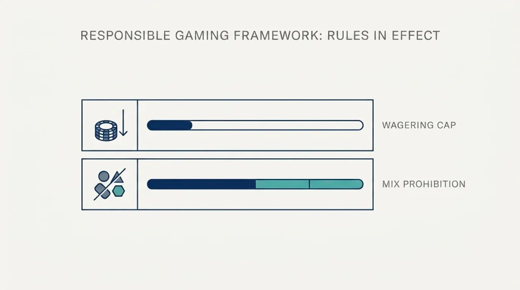 Editorial illustration of two stacked rule blocks labelled with abstract icons representing wagering cap and product mix prohibition