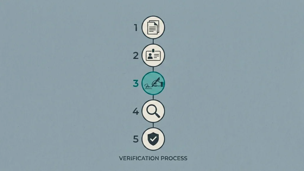 Editorial visual of a five-step verification checklist rendered as numbered circular nodes on a soft slate background.