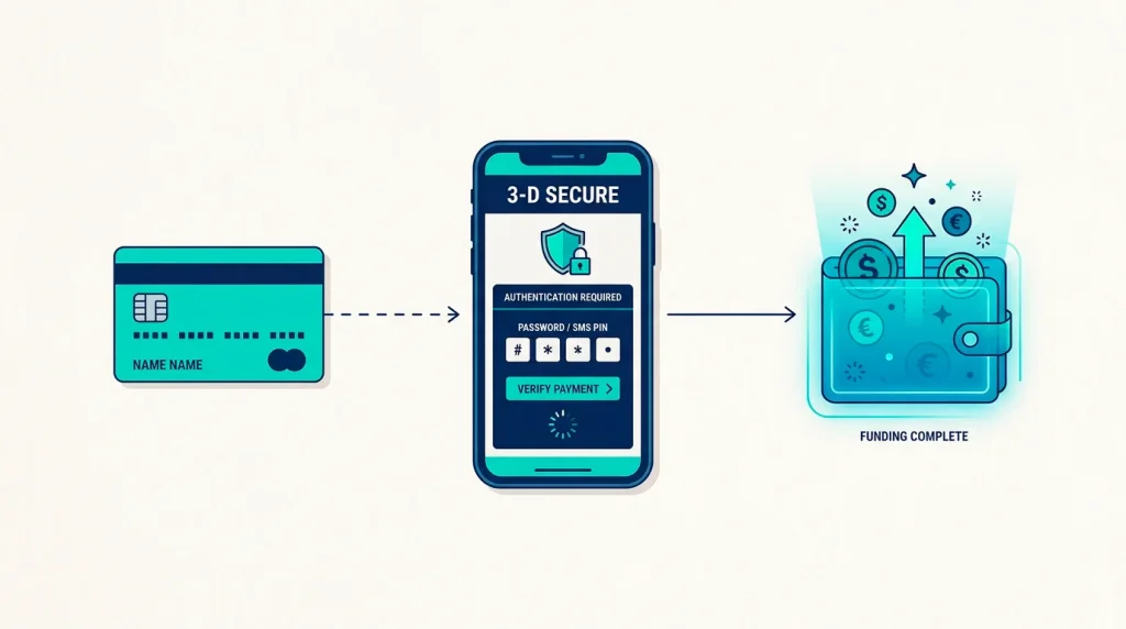 Process diagram showing card deposit flow from a UK player through 3-D Secure into an offshore casino wallet
